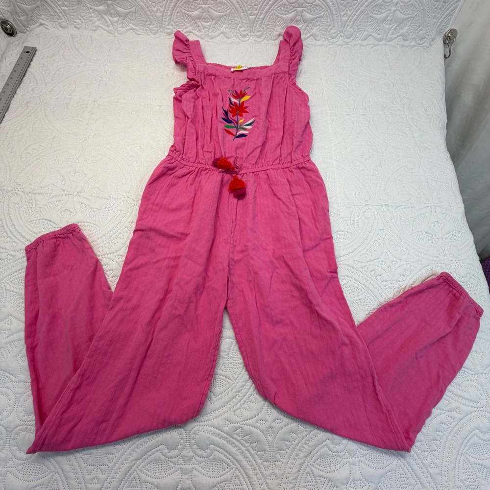 Boden Girls Pink Floral Embroidered Ruffle Jumpsuit Size 13-14Y